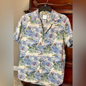 Men’s Denim & Flower Blue tropical Hawaiian Print Button-Up Shirt Slim Fit Large